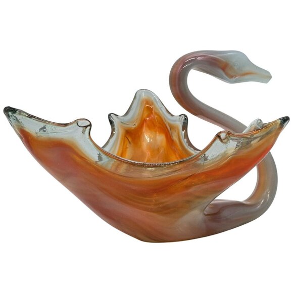 Murano Style Art Glass Swan Dish Amber White Hand Blown Sculptural Centerpiece - Picture 8 of 12